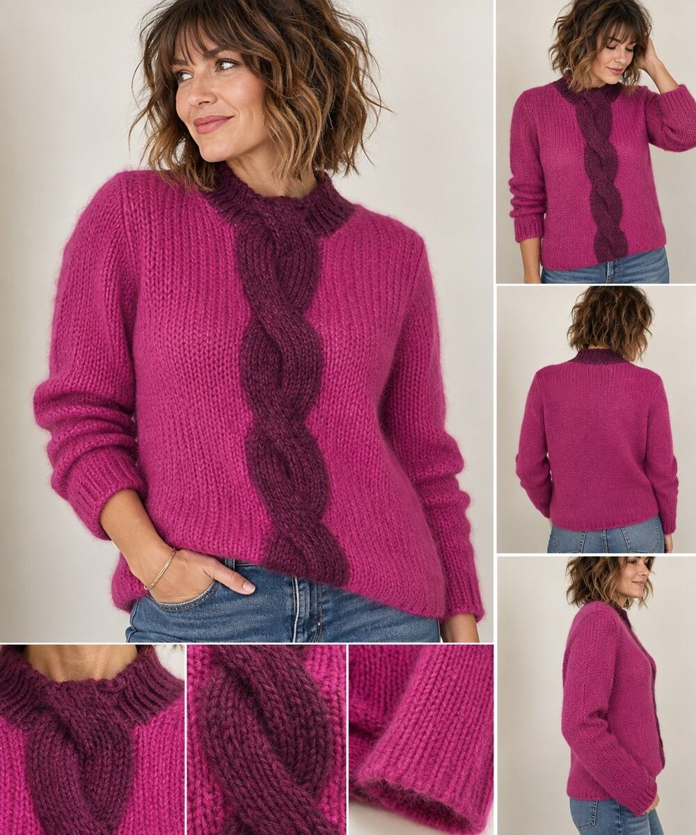 L.L.Bean Womens M Mohair Wool Sweater Pink Purple Cable Knit Mock Neck Cozy